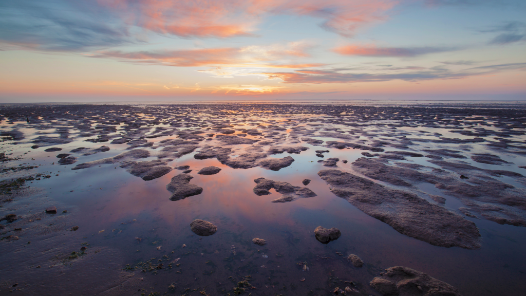 Zonsondergang in het waddengebied.